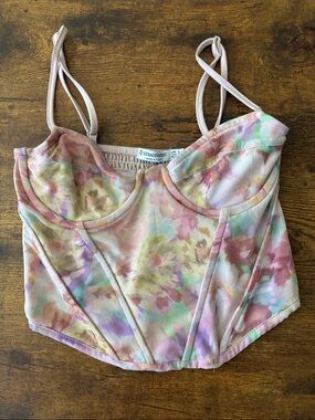 stradivarius pastel floral corset-style crop top in pink, green, purple